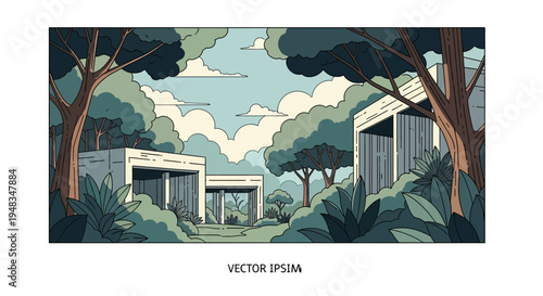 Minimalist modern structures nestled within a dense, verdant forest clearing