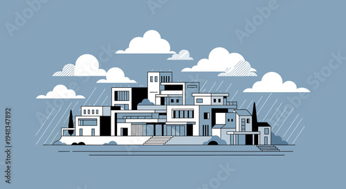 Modern abstract architecture with abstract clouds and rain on a blue background