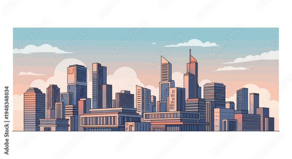 Fototapeta premium Minimalist city skyline at dusk with soft clouds