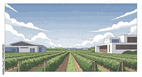 Modern structures overlook rows of green crops under a cloudy sky