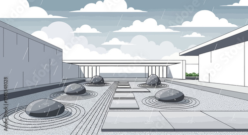 Rainy zen garden with modern architecture and scattered stones