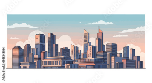 Minimalist city skyline at dusk with soft clouds