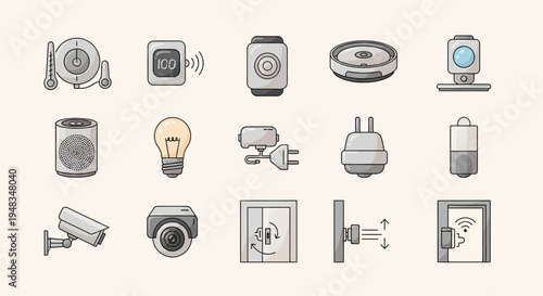 Collection of smart home device icons including sensors, cameras, and appliances