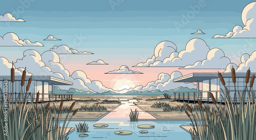 Modern structures flank a tranquil marsh at sunset with fluffy clouds