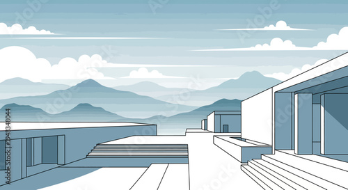 Minimalist structures ascend towards layered, hazy mountains under a cloudy sky