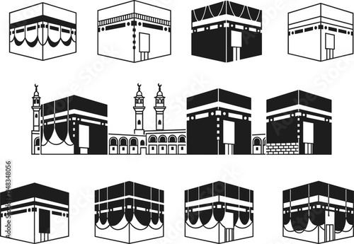 Kaaba And Masjid Al Haram Icon Set, Islamic Holy Mosque Vector Illustration, Mecca Pilgrimage Symbol For Hajj Umrah
