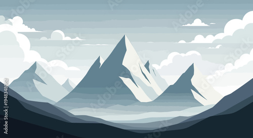 Serene, stylized mountain range with dramatic peaks and fluffy clouds