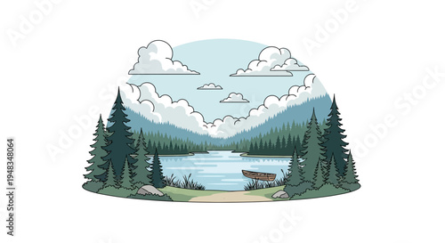 Serene lake scene with pine forest, clouds, and a lone rowboat