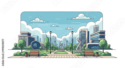 Modern city park with sculptures, buildings, and trees under a cloudy sky