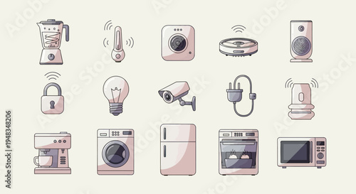 A collection of smart home devices and appliances rendered in a simple, illustrative style