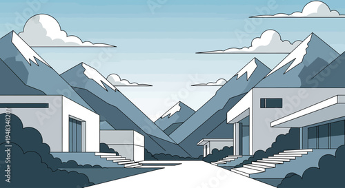 Modern homes nestle amidst stark, snow-capped mountains under a pale sky