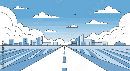 Expansive road leads towards a stylized cityscape under a bright blue sky with clouds