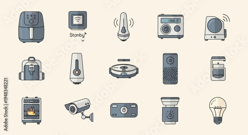 Diverse collection of modern household gadgets and smart home devices