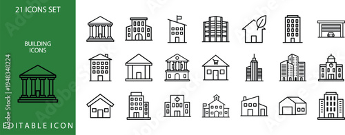Set of 21 editable building icons in simple line style