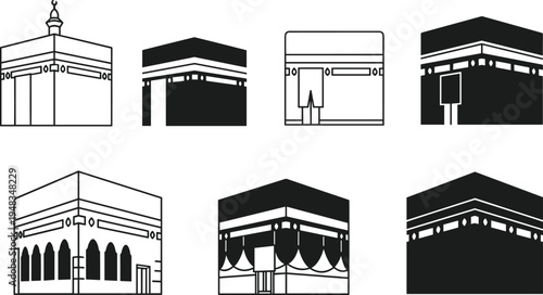 Kaaba icon collection, Islamic holy Mecca Kaaba symbols set, Hajj Umrah pilgrimage landmark vector silhouettes editable design