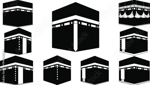 Kaaba Icon Collection Set, Islamic Holy Mosque Silhouette Vector Illustration, Mecca Pilgrimage Symbol For Hajj Umrah Religious Design