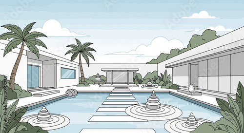 Modern courtyard with pool, palm trees, and minimalist architecture