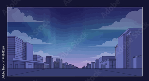 A city street stretches towards a dusky twilight sky with scattered clouds and stars