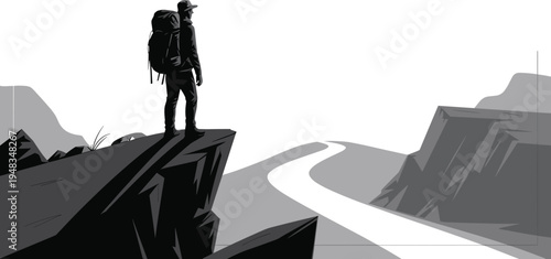 Black silhouette of hiker with backpack standing on rocky cliff overlooking winding road in mountain landscape vector illustration for outdoor adventure travel and hiking logo design