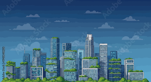 Modern skyscrapers with green rooftop gardens under a cloudy blue sky