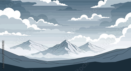 Stylized mountains emerge from clouds under a moody, grey sky