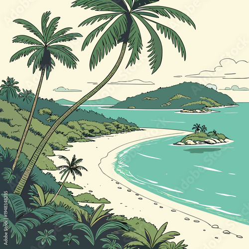 Stunning tropical island beach landscape with palm trees, ocean, and distant isle - idyllic summer paradise scenery, ocean view, sandy beach, uninhabited island