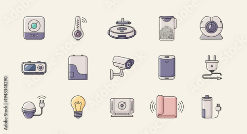 A variety of smart home devices depicted in simple, flat illustration style
