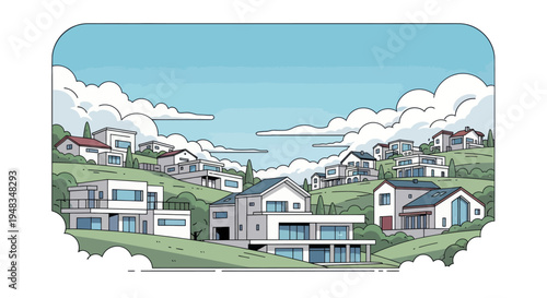 Modern homes cluster on lush green hills beneath a sky filled with soft, rounded clouds