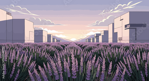A field of lavender stretches towards modern buildings under a pastel sky