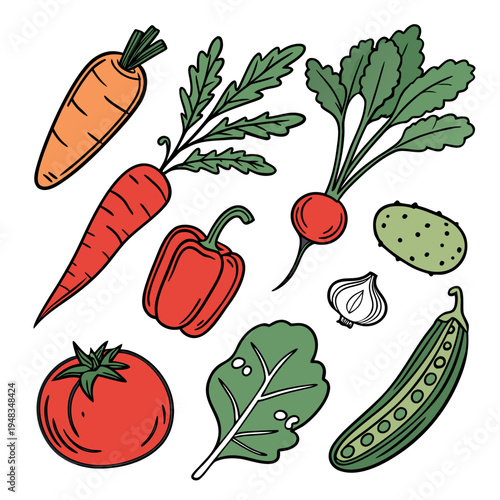 Colorful collection of fresh organic garden vegetables for healthy cooking and nutritional benefits illustration with bell pepper with pea pod with spinach leaf