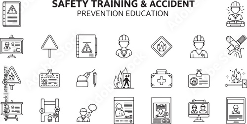 Safety training and accident prevention education line icons set for industrial work health and security