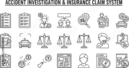 Accident Investigation and Insurance Claim System Icon Set for Legal, Car Insurance, and Damage Assessment