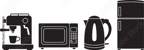 Black and white kitchen appliances including coffee machine, microwave, kettle, and refrigerator