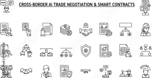 Cross-border AI trade negotiation and smart contracts outline icons set for international digital business and blockchain technology.