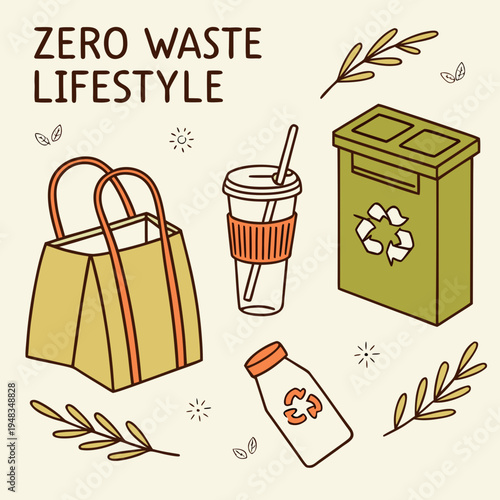 Zero waste lifestyle eco-friendly items collection. sustainable living and environmental responsibility with reusable bag with coffee cup with glass bottle with recycling bin