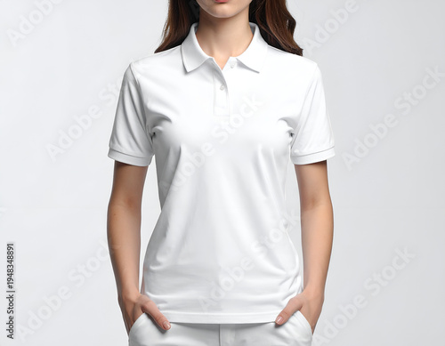 Plain white short-sleeved collared shirt with two buttons