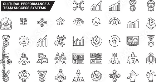 Cultural performance and team success systems outline icons set for corporate leadership management and business growth strategy.