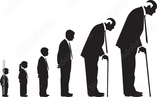 Human aging process from childhood to old age silhouettes on transparent background