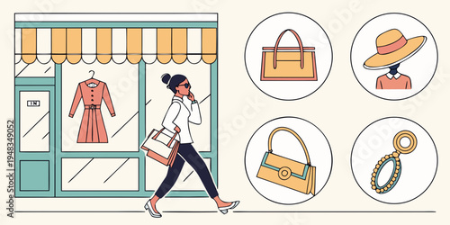 woman walking past a store with fashion items Vector