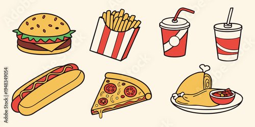 a variety of fast food items including burger and hotdog Vector