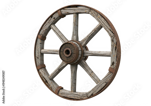 A rusty old wagon wheel with a worn wooden rim isolated on transparent background