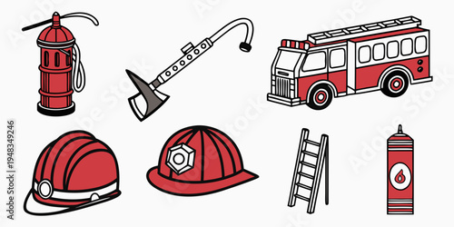 firefighter equipment and vehicle icons Vector