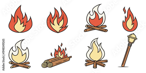 a set of campfire icons in different stages of burning Vector
