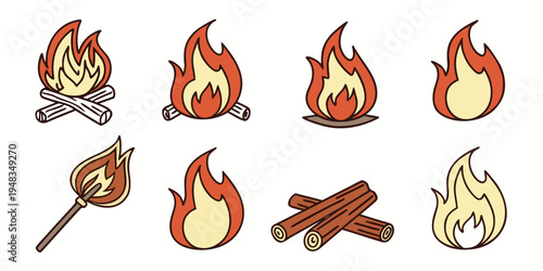 a collection of cartoon campfire flames and logs Vector