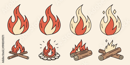 a set of cartoon fire and campfire illustrations Vector