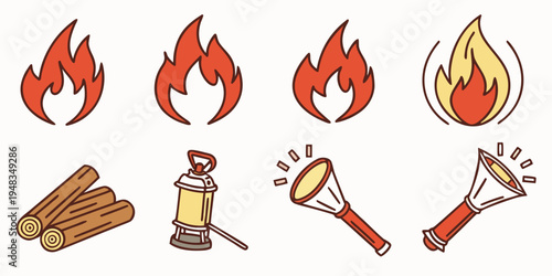a collection of fire and camping icons Vector