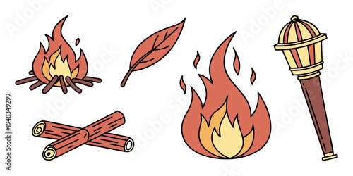 a set of cartoon fire and firewood illustrations Vector