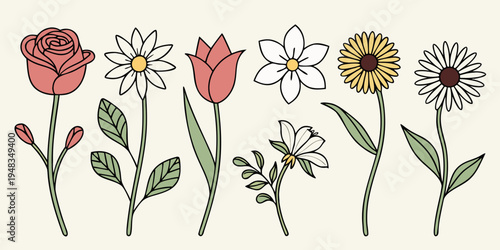 a row of colorful flowers with green stems Vector