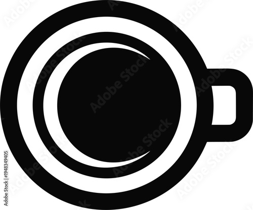 Coffee cup top view vector icon featuring black silhouette of a mug with espresso and saucer for cafe branding. (20 words)