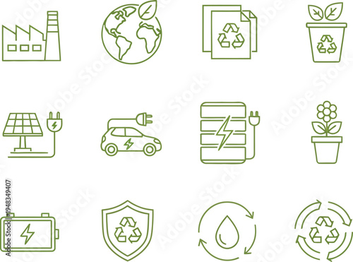 Outline style vector icons detailing concepts related to electric vehicles, solar power generation, and battery storage.